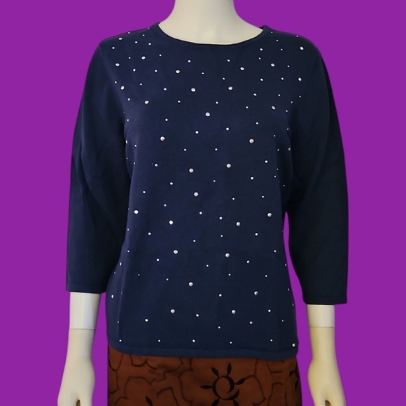 5/$25 Alfred DUNNER Blue Silver Studded Half Sleeve Crew Neck Blouse - Picture 1 of 7